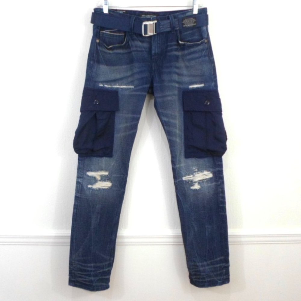 Cult of Individuality Sync Wash Blue Rocker Cargo Slim Denim Jeans 32 x 32.5